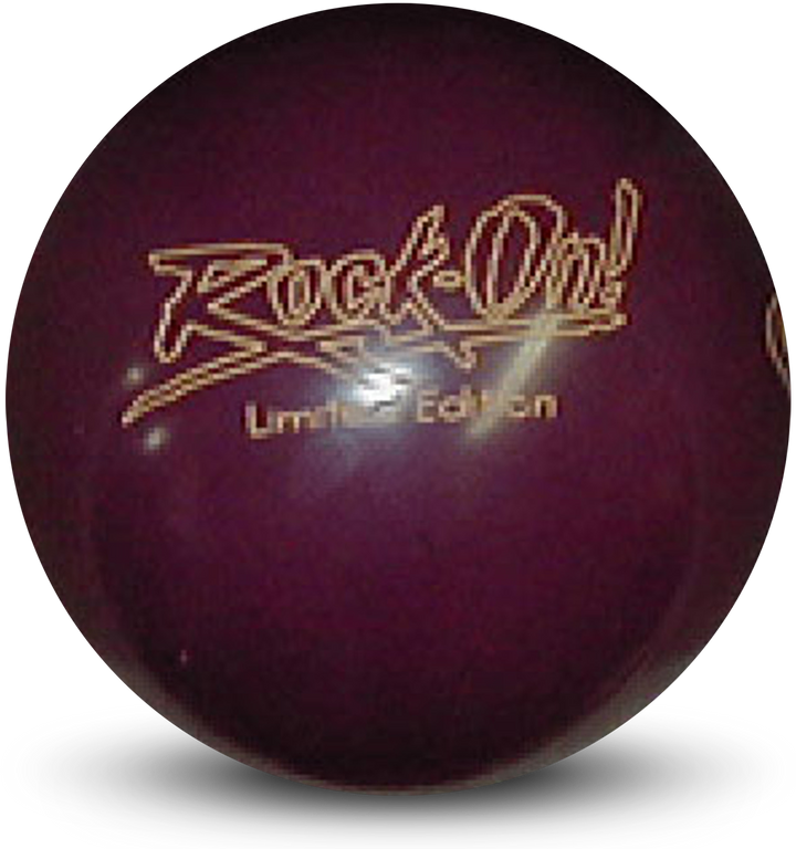 A burgundy colored bowling ball with the Rock-On Limited Edition logo in white centered prominently.