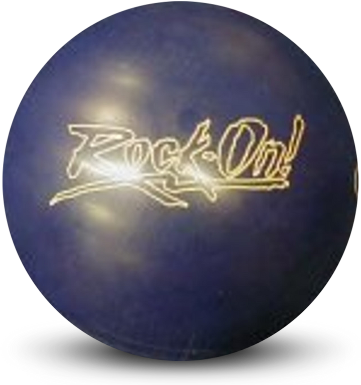A blue colored bowling ball with the Rock-On logo in white centered prominently.