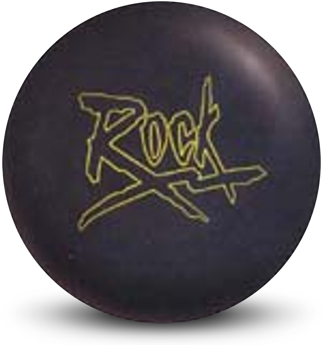 A black colored bowling ball with the Rock logo in yellow centered prominently.