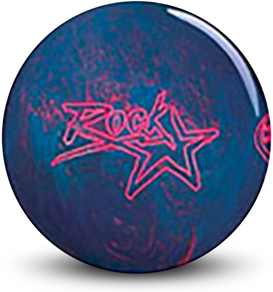 A red and green colored bowling ball with the Rock Star logo in magenta centered prominently.