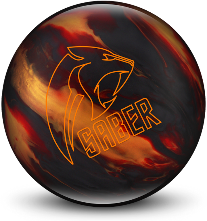 A red, gold, and smoke grey colored bowling ball with the Saber logo in orange centered prominently.