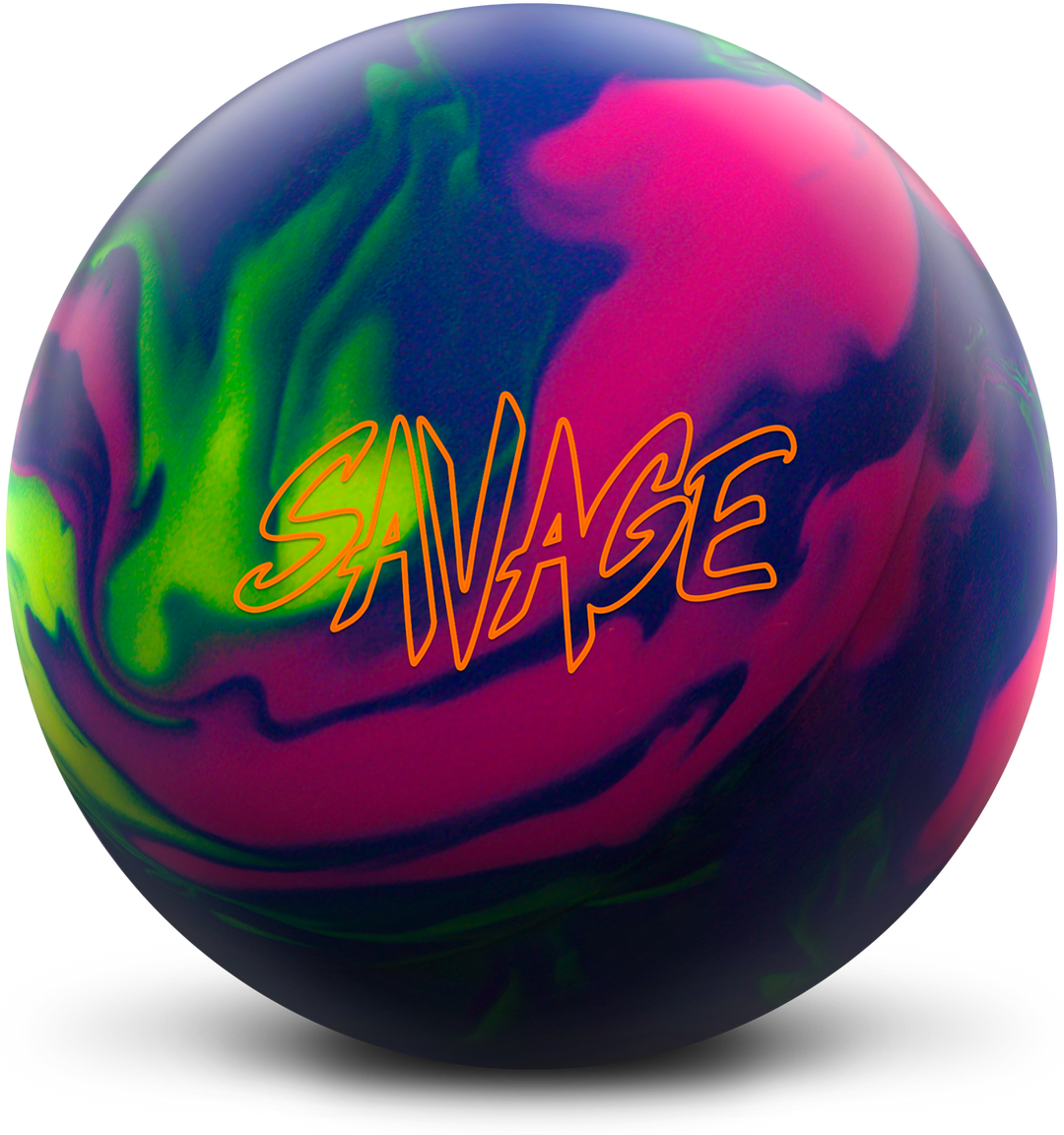 A blue, yellow, and purple colored bowling ball with the Savage logo centered prominently.