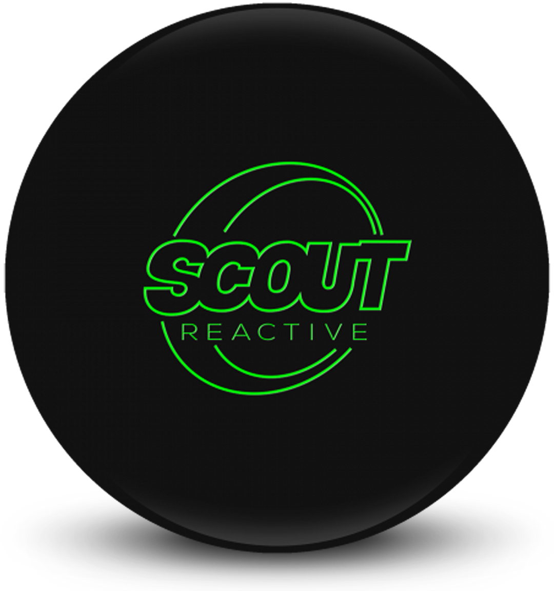 A black colored bowling ball with the Scout Reactive logo in neon green centered prominently.