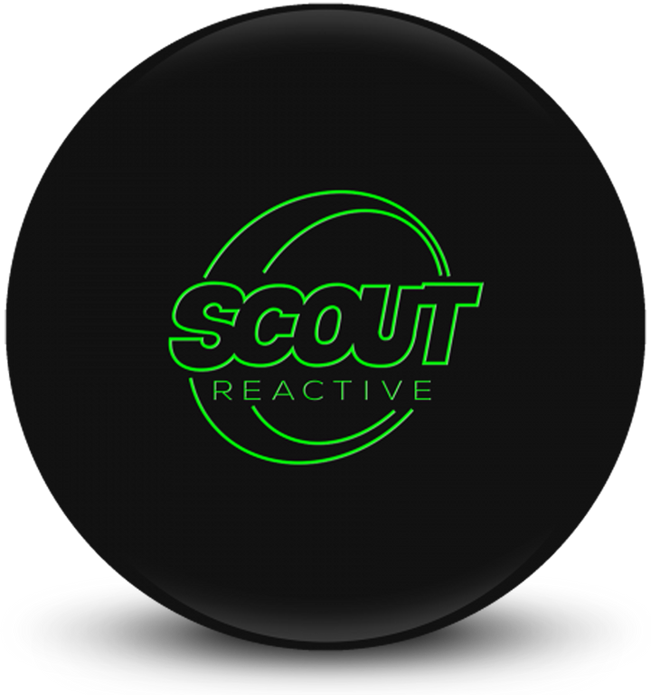 A black colored bowling ball with the Scout Reactive logo in neon green centered prominently.