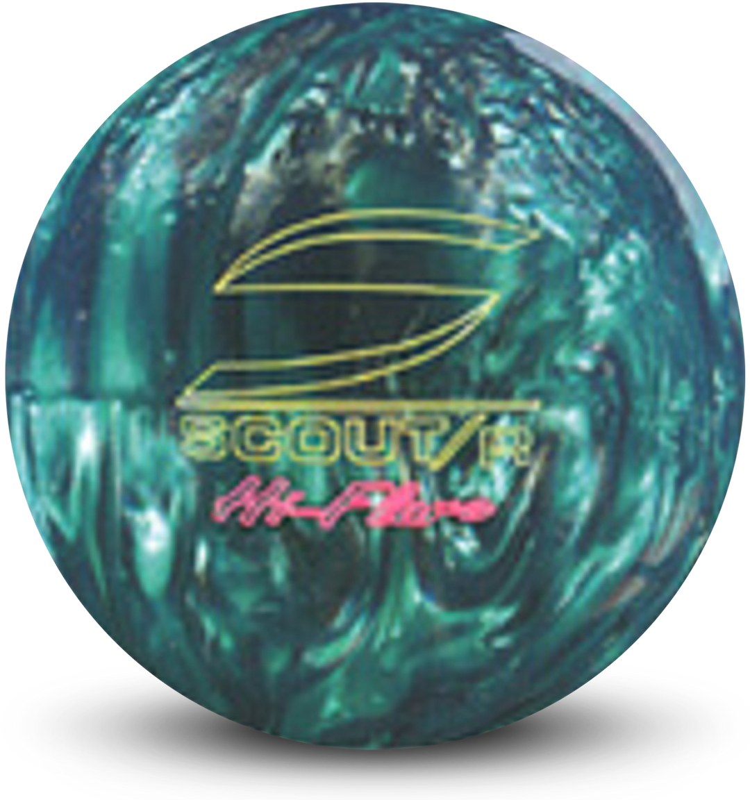 A blue, green, and bronze colored bowling ball with the Scout/R Hi-Flare logo in yellow and pink centered prominently.