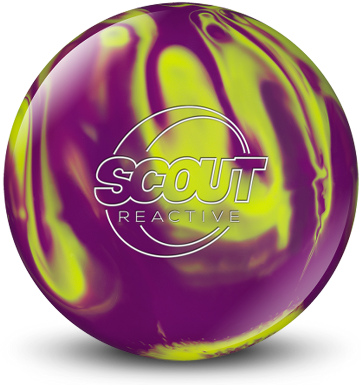 A magenta and yellow colored bowling ball with the Scout Reactive logo in white centered prominently.