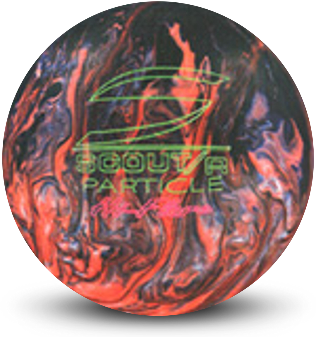 A peach and blue colored bowling ball with the Scout/R Particle Hi-Flare logo in  green and pink centered prominently.