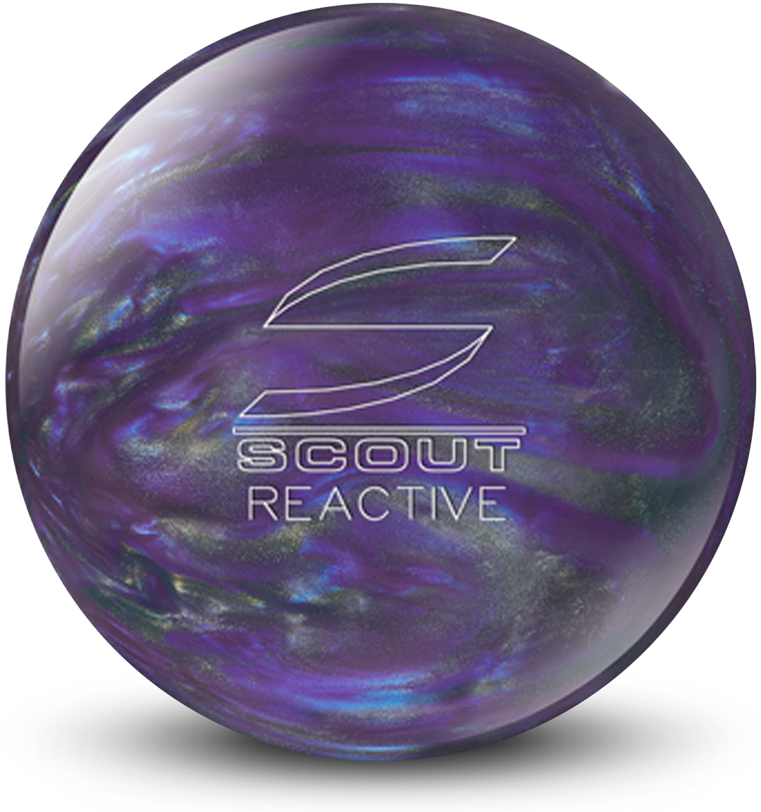 A purple and silver colored bowling ball with the Scout Reactive logo in white centered prominently.