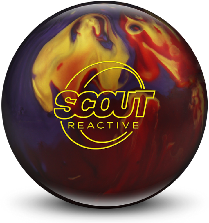 A red, purple, and gold colored bowling ball with the Scout Reactive logo in yellow centered prominently.
