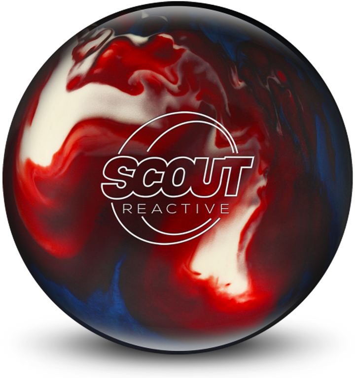 A red, white, and blue colored bowling ball with the Scout Reactive logo in white centered prominently.