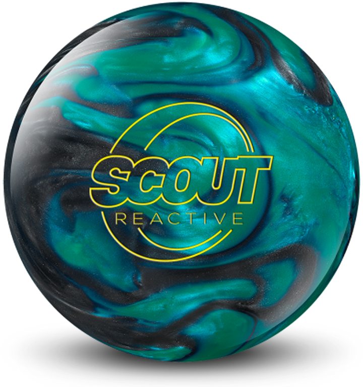 A teal and silver colored bowling ball with the Scout Reactive logo in yellow centered prominenlty.