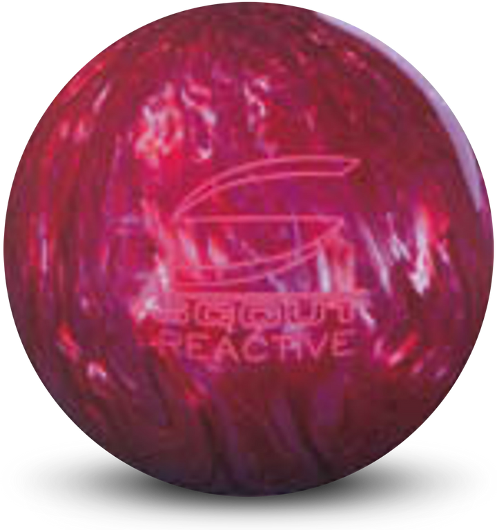 A red and violet colored bowling ball with the Scout Reactive logo in pink centered prominently.