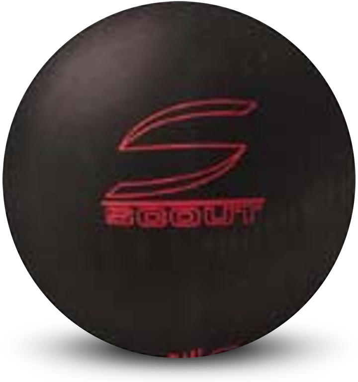 A black colored bowling ball with the Scout logo in red centered prominently.