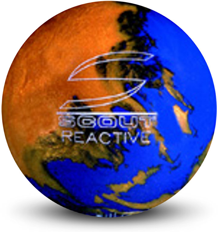 A blue and gold pearl colored bowling ball with the Scout Reactive logo in white centered prominently.