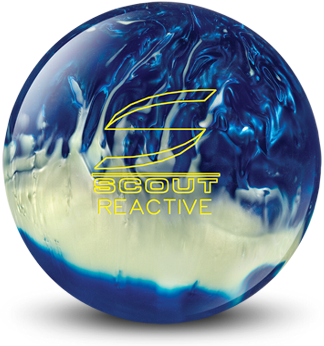 A blue and white colored bowling ball with the Scout Reactive logo in yellow centered prominently.