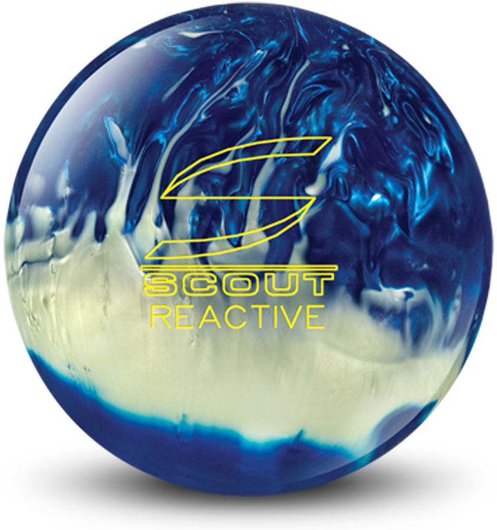 A blue and white colored bowling ball with the Scout Reactive logo in yellow centered prominently.