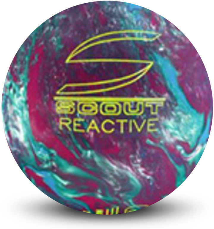 A burgundy, emerald, and blue colored bowling ball with the Scout Reactive logo in yellow centered prominently.