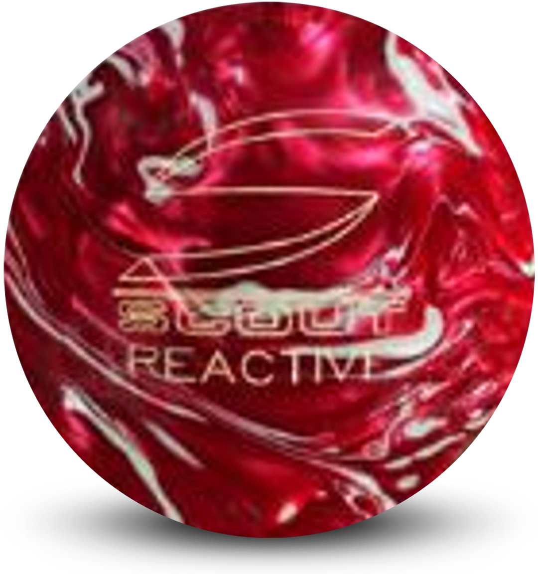 A cherry red and silver pearl colored bowling ball with the Scout Reactive logo in white centered prominently.