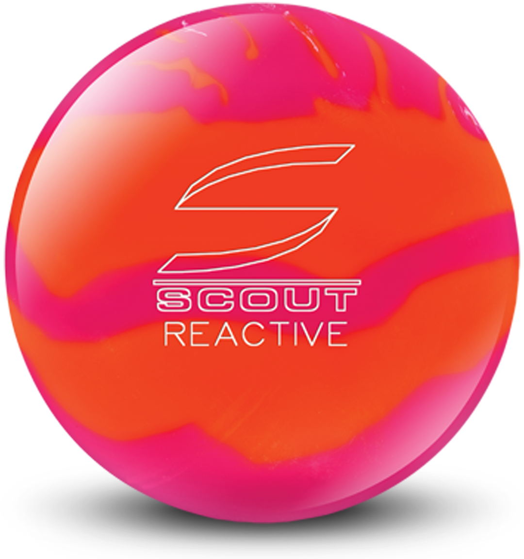 A pink and orange colored bowling ball with the Scout Reactive logo in white centered prominently.