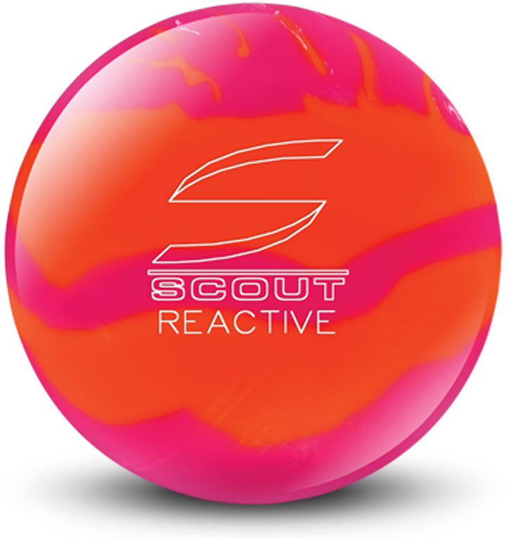 A pink and orange colored bowling ball with the Scout Reactive logo in white centered prominently.