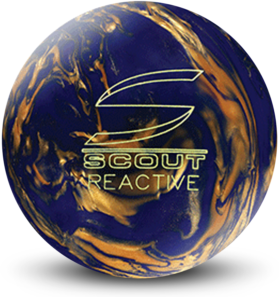 A blue and gold colored bowling ball with the Scout Reactive logo in yellow centered prominently.