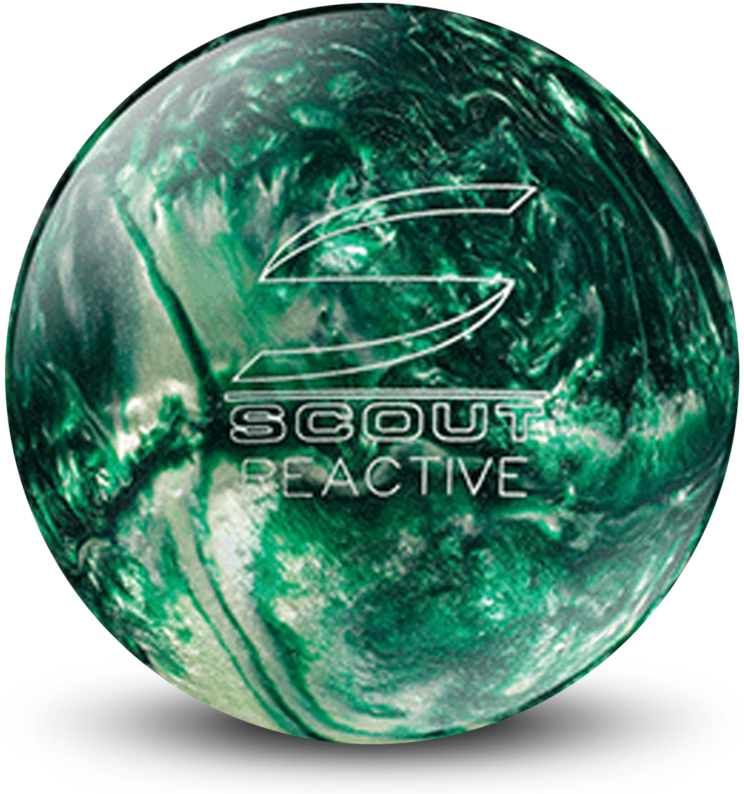 A green and silver colored bowling ball with the Scout Reactive logo in white centered prominently.