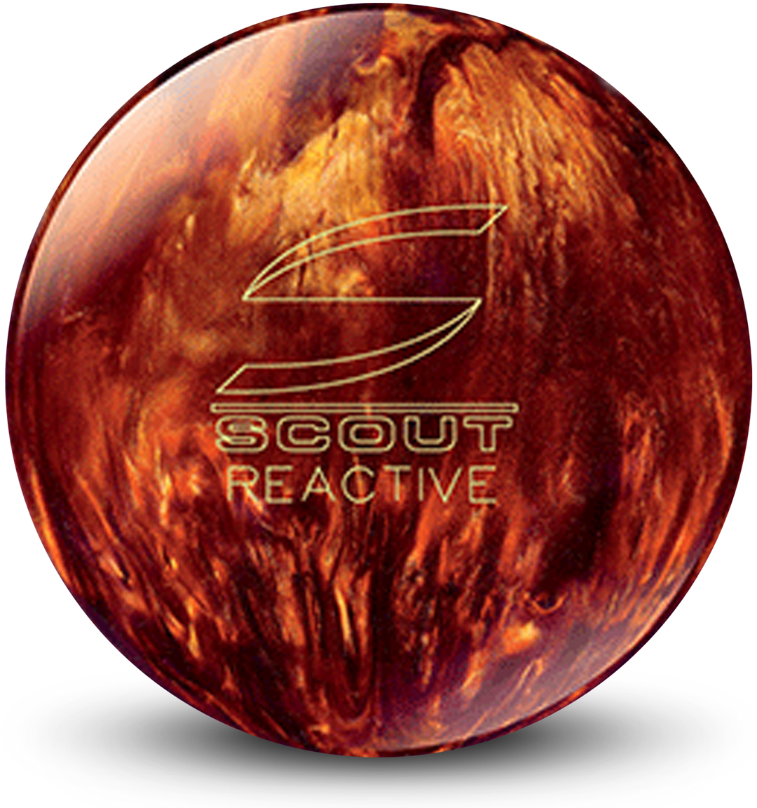 A red and gold colored bowling ball with the Scout Reactive logo in yellow centered prominently.
