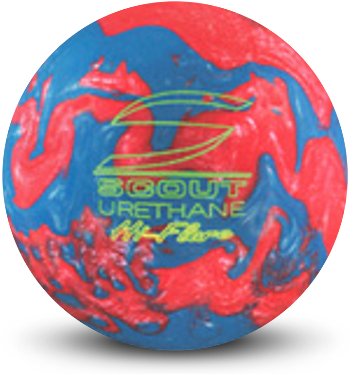 A strawberry red and sky blue colored bowling ball with the Scout Urethane Hi-Flare logo in yellow centered prominently.