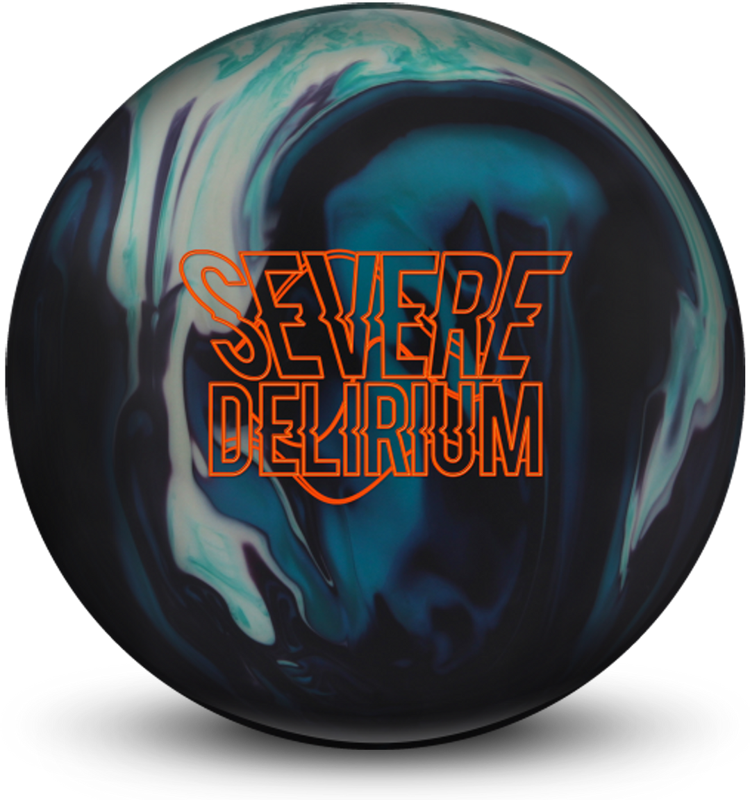 A black, teal, and silver colored bowling ball with the Severe Delirium logo in orange centered prominently.
