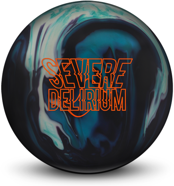 A black, teal, and silver colored bowling ball with the Severe Delirium logo in orange centered prominently.
