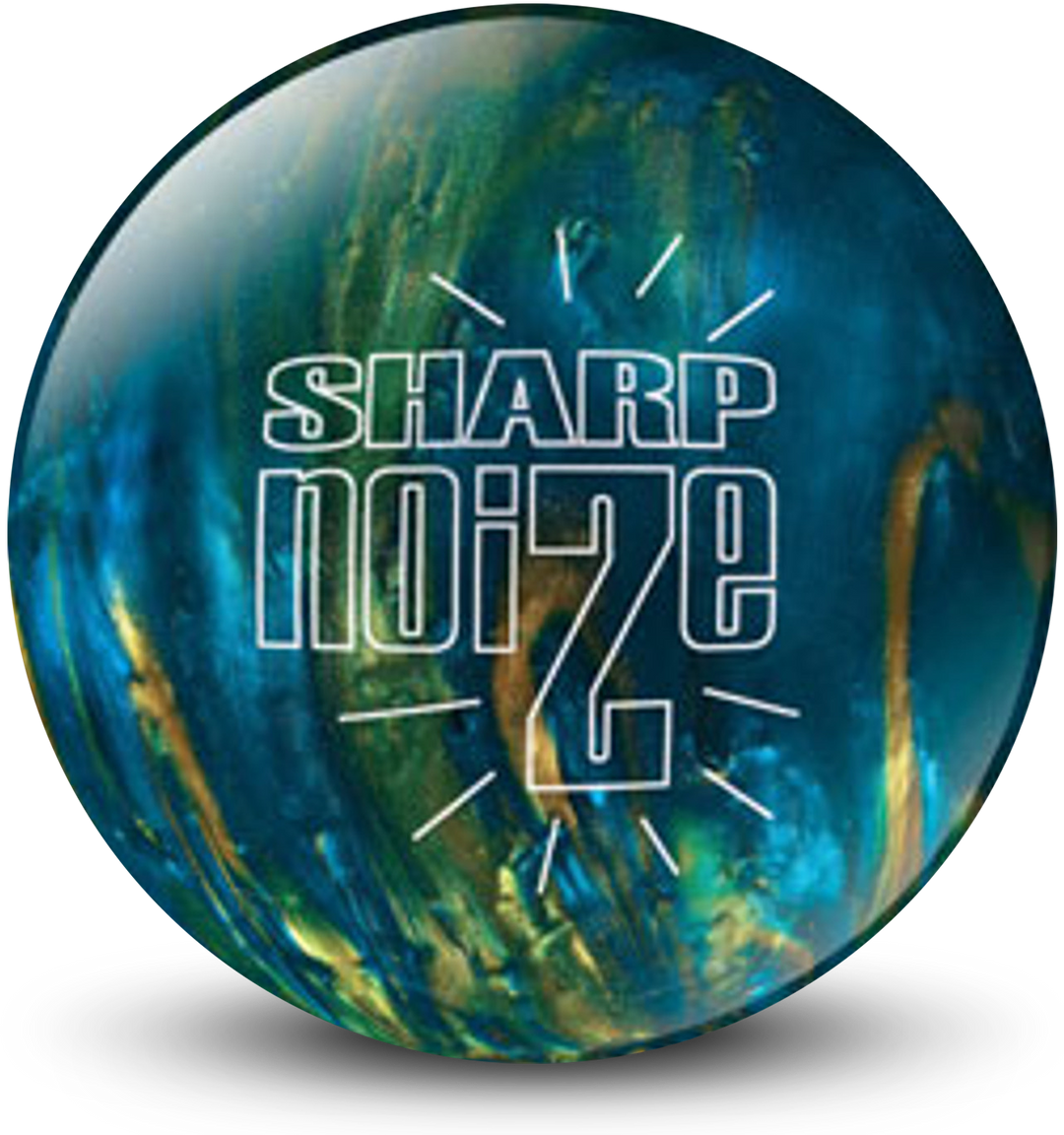 A blue and gold pearl colored bowling ball with the Sharp Noize logo in white centered prominently.