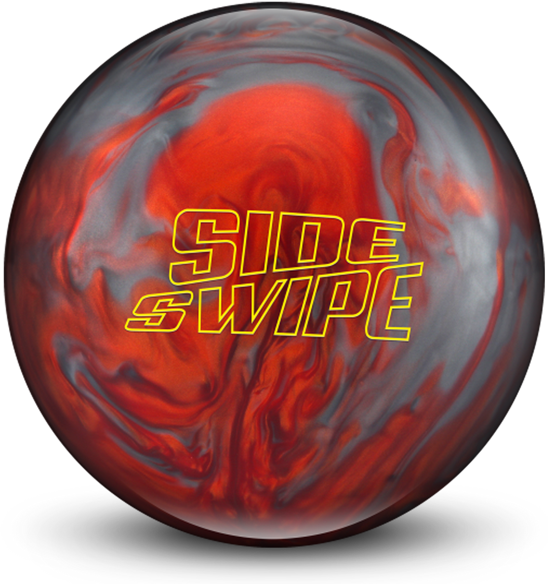 A silver and orange colored bowling ball with the Side Swipe logo in yellow centered prominently.