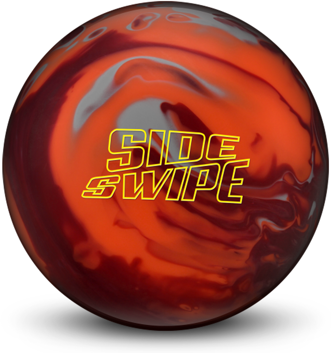 A silver and orange colored bowling ball with the Sideswipe logo in yellow centered prominently.