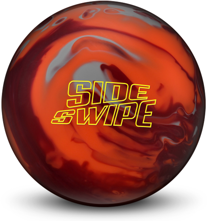A silver and orange colored bowling ball with the Sideswipe logo in yellow centered prominently.