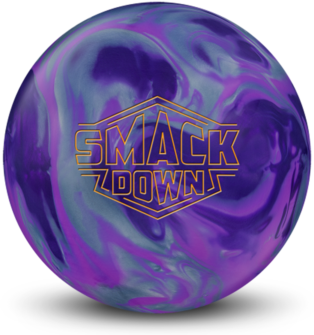 A purple, silver, and purple pearl colored bowling ball with the Smack Down logo in orange centered prominently.