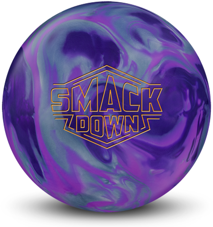A purple, silver, and purple pearl colored bowling ball with the Smack Down logo in orange centered prominently.