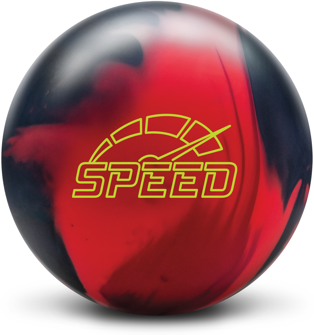 A crimson, black, and cherry colored bowling ball with the Speed logo in bright yellow centered prominently.