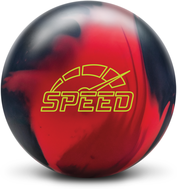 A crimson, black, and cherry colored bowling ball with the Speed logo in bright yellow centered prominently.