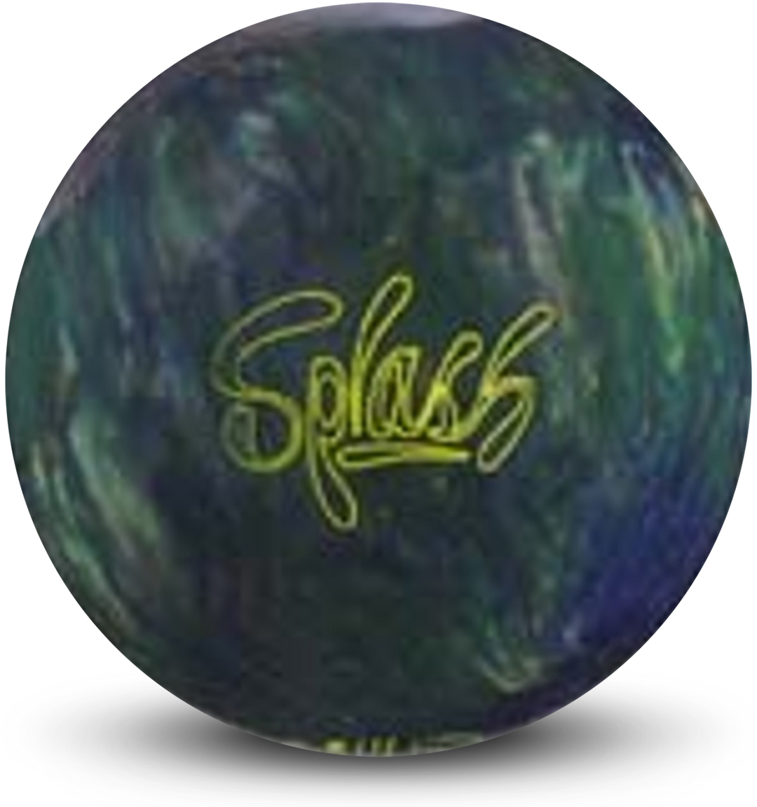 A green and blue colored bowling ball with the Splash logo in yellow centered prominently.