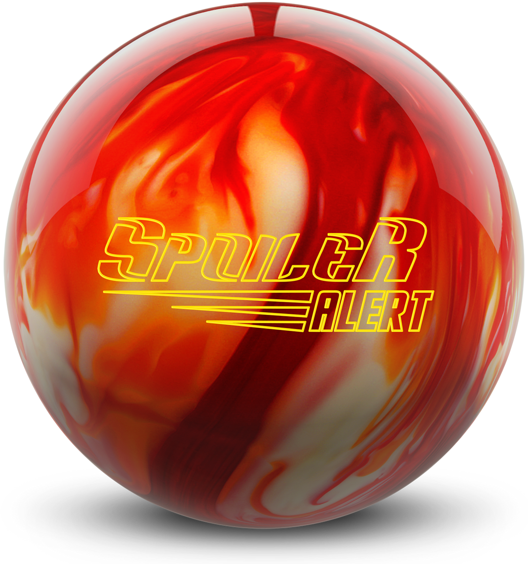 An orange, red, and white colored bowling ball with the Spoiler Alert logo in yellow centered prominently.