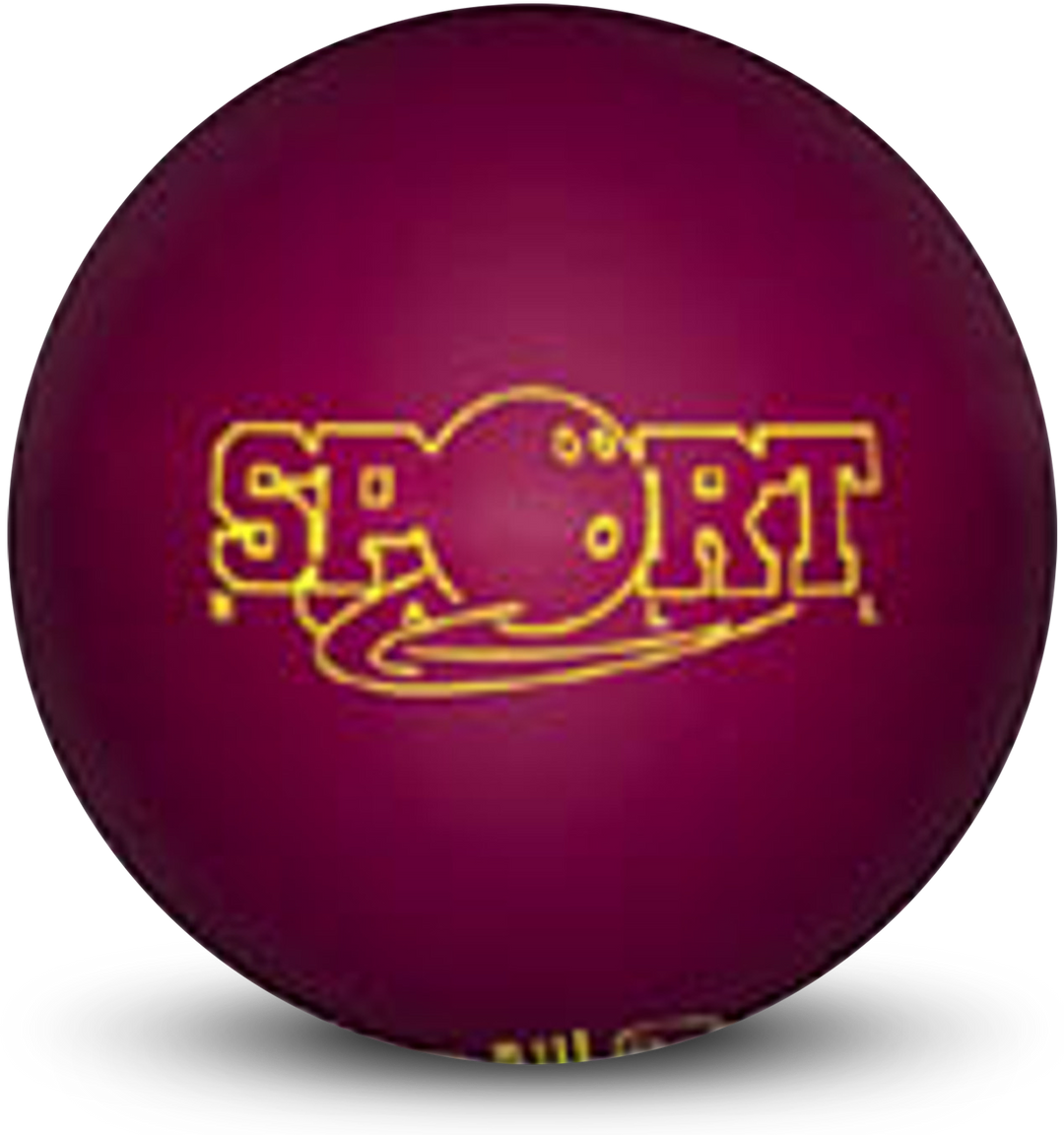 A maroon colored bowling ball with the Sport logo in yellow centered prominently.