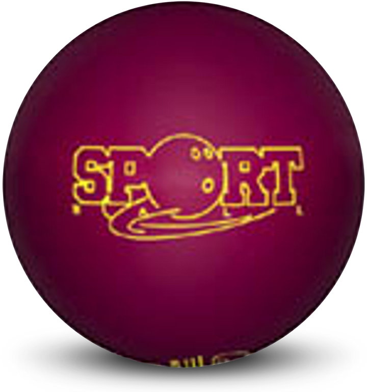A maroon colored bowling ball with the Sport logo in yellow centered prominently.