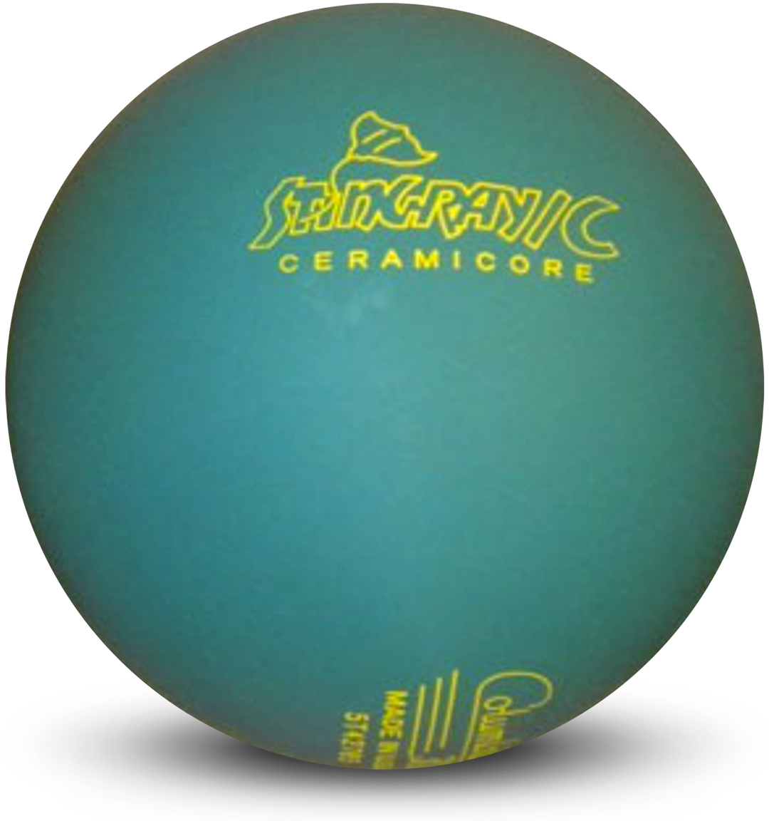 A teal colored bowling ball with the Stingray/C Ceramicore logo in yellow.