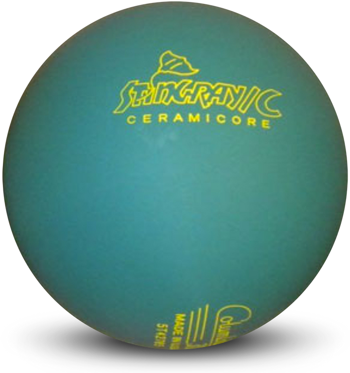 A teal colored bowling ball with the Stingray/C Ceramicore logo in yellow.