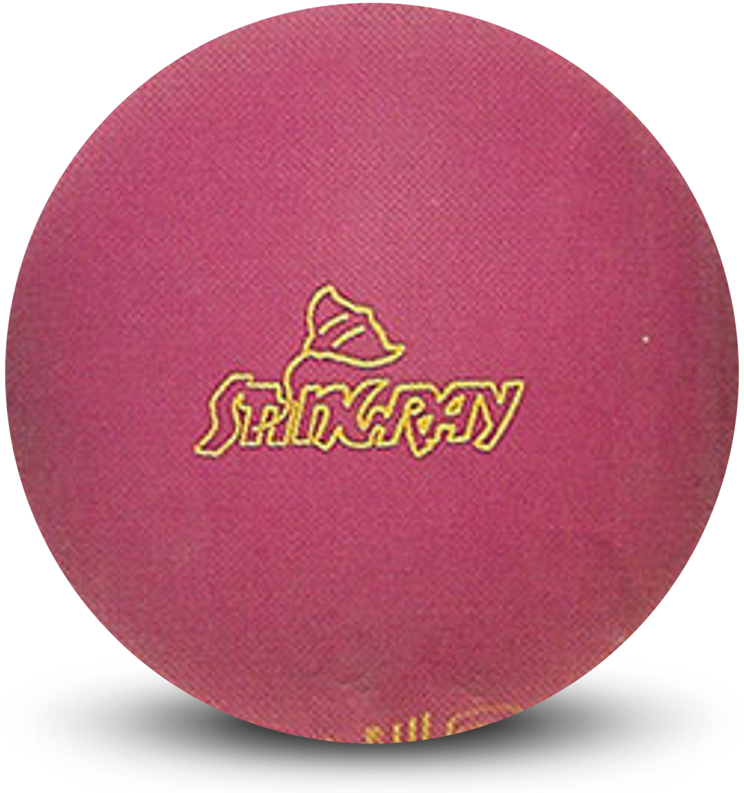 A pink colored bowling ball with the Stingray logo in yellow centered prominently.