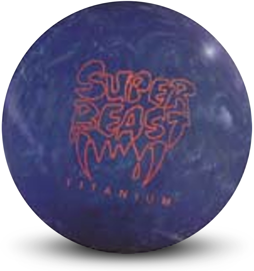 A dark blue pearl colored bowling ball with the Super Beast Titanium logo in orange centered prominently.