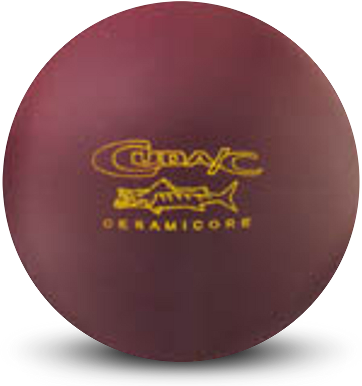 A maroon colored bowling ball with the Cuda/C Ceramicore logo in yellow centered prominently.