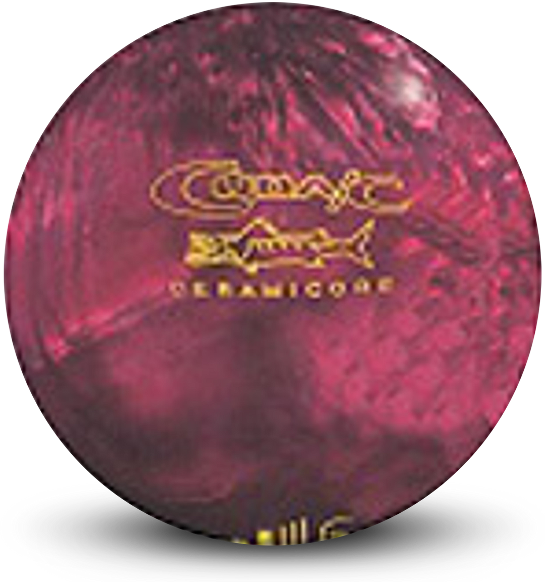 A maroon pearl colored bowling ball with the Cuda/C Ceramicore logo in yellow centered prominently.