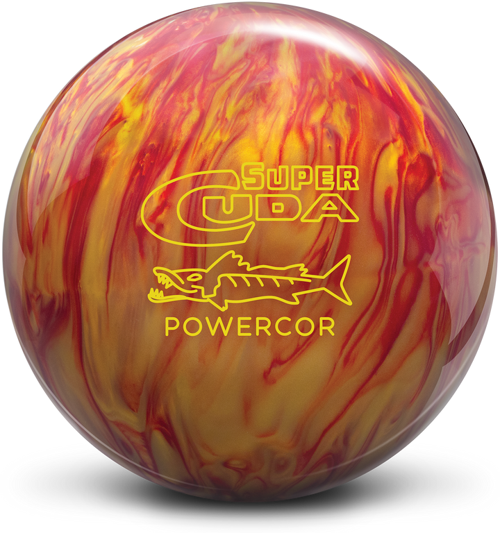 A gold and cherry colored bowling ball with the Super Cuda Powercor logo in yellow centered prominently.