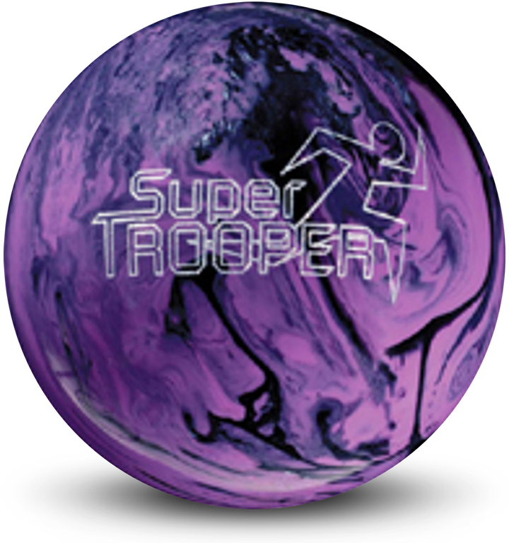 A black and violet colored bowling ball with the Super Trooper logo in white centered prominently.